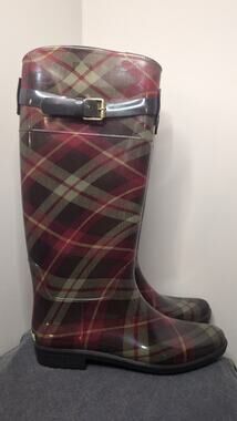 Lauren Ralph Lauren Red Plaid Glossy Tall Rain Boots